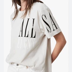 All Saints Revolve Graphic Spell Out Logo Separo Crew Tee in Cream Size Small